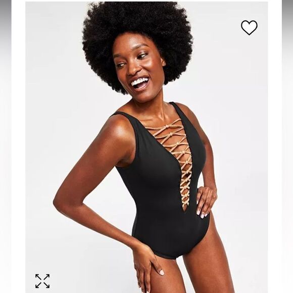 Women's Bleu Core-Lace-Down Mio One-Piece Swimsuit Black/Gold Size 6 - Picture 1 of 14